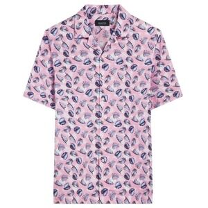 Bugatchi Mens Large Pink Cole Leaf Print OoohCotton Camp Short Sleeve Shirt